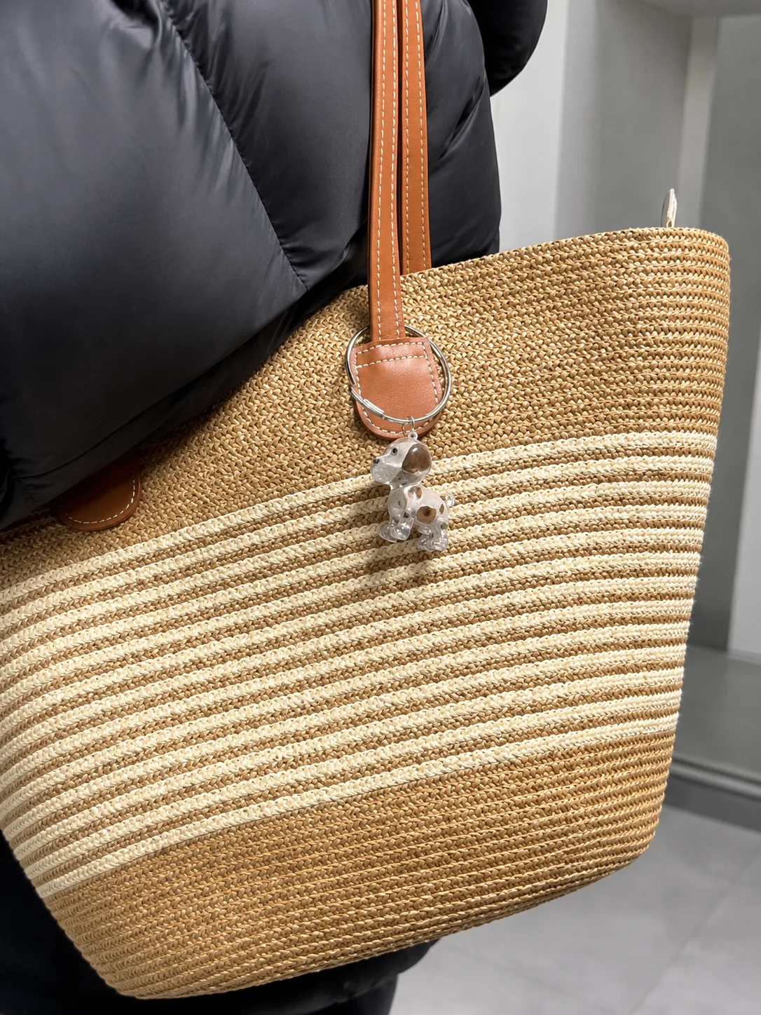 EternalPaw dog keychain clipped to a woven tote