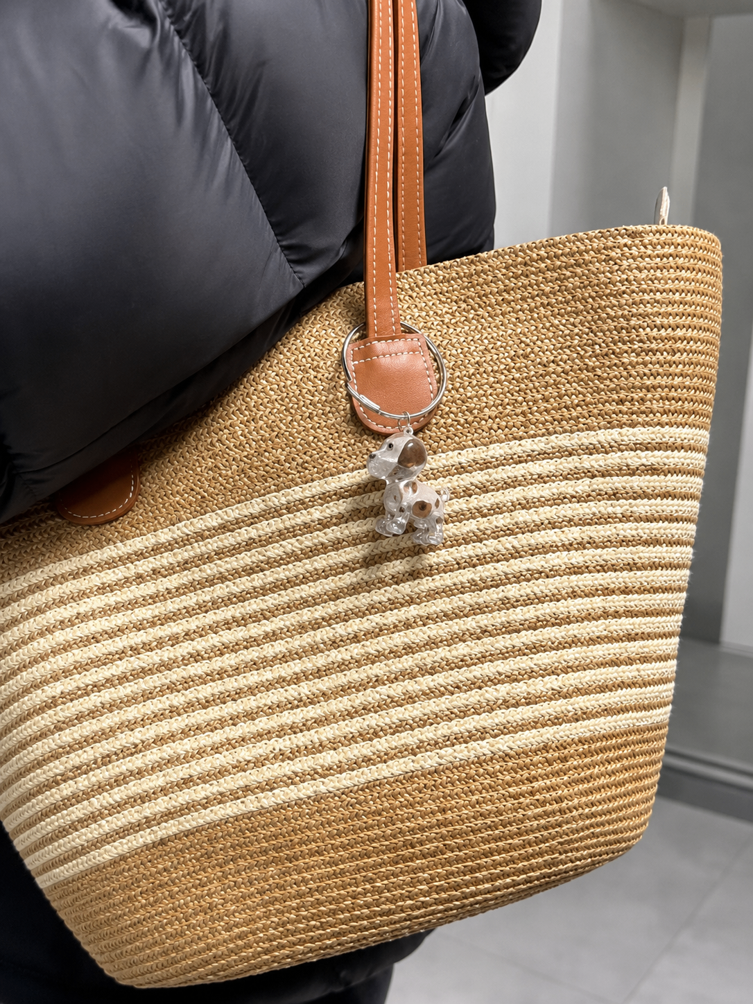 EternalPaw dog keychain clipped to a woven tote