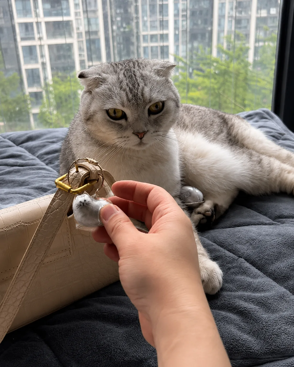 Silver cat with an EternalPaw keychain hanging from a handbag